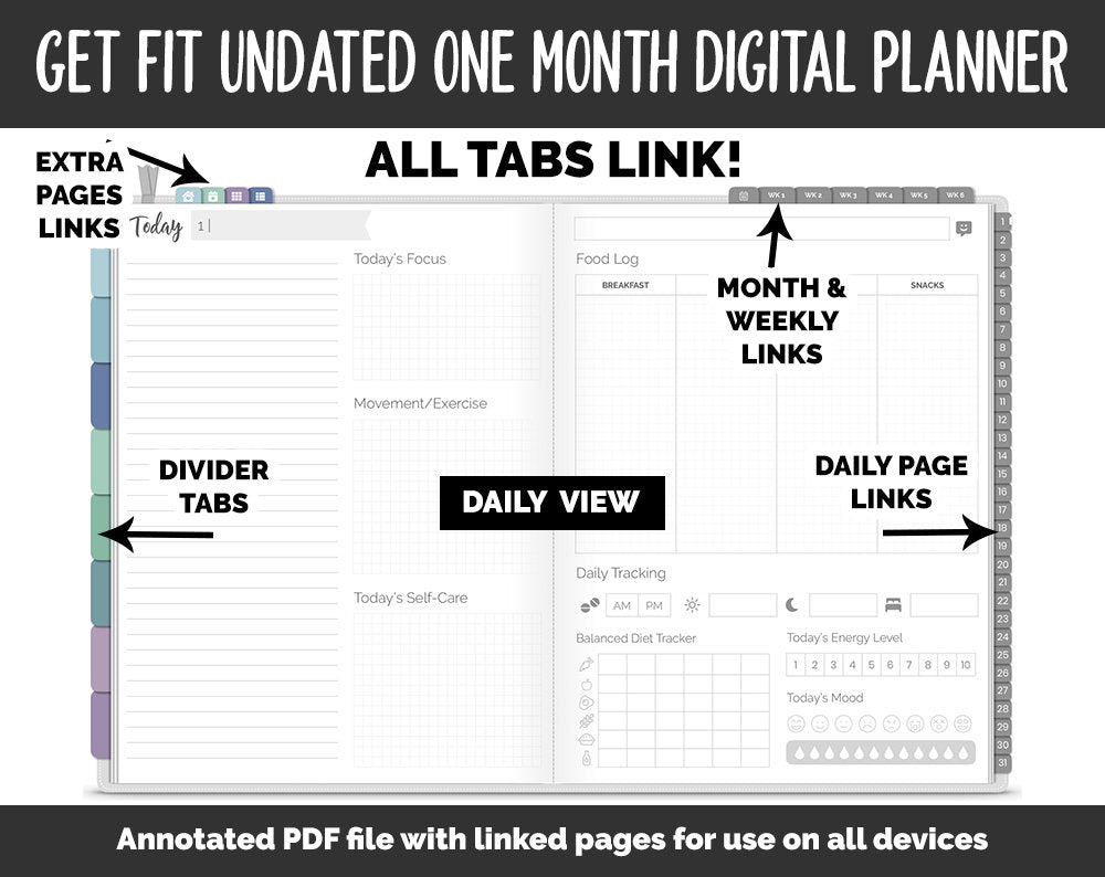Undated Get Fit One Month Digital Planner | Aurora Theme | GoodNotes, iPad & Android | Fitness, Self-Care, Health, Workout