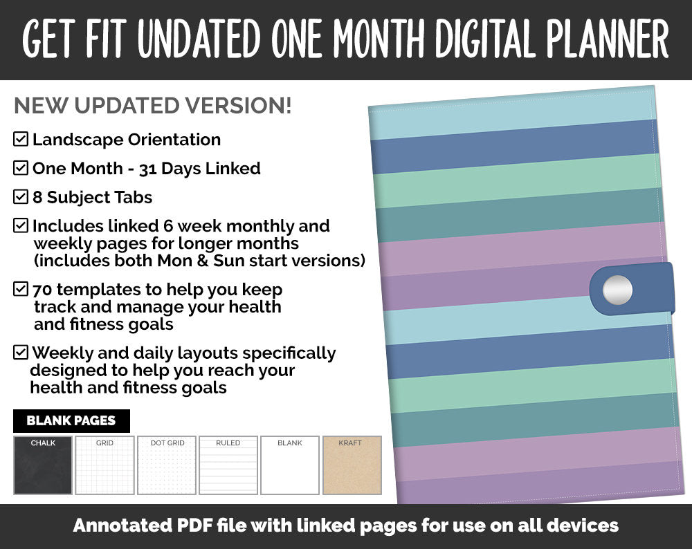 Undated Get Fit One Month Digital Planner | Aurora Theme | GoodNotes, iPad & Android | Fitness, Self-Care, Health, Workout