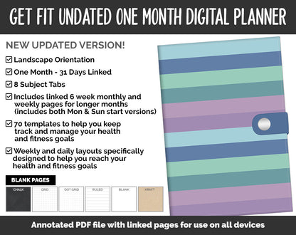 Undated Get Fit One Month Digital Planner | Aurora Theme | GoodNotes, iPad & Android | Fitness, Self-Care, Health, Workout