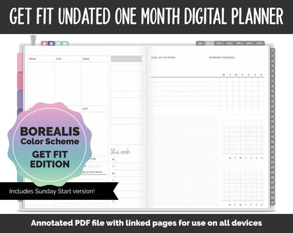 Undated Get Fit One Month Digital Planner | Borealis Theme | GoodNotes, iPad & Android | Fitness, Self-Care, Health, Workout