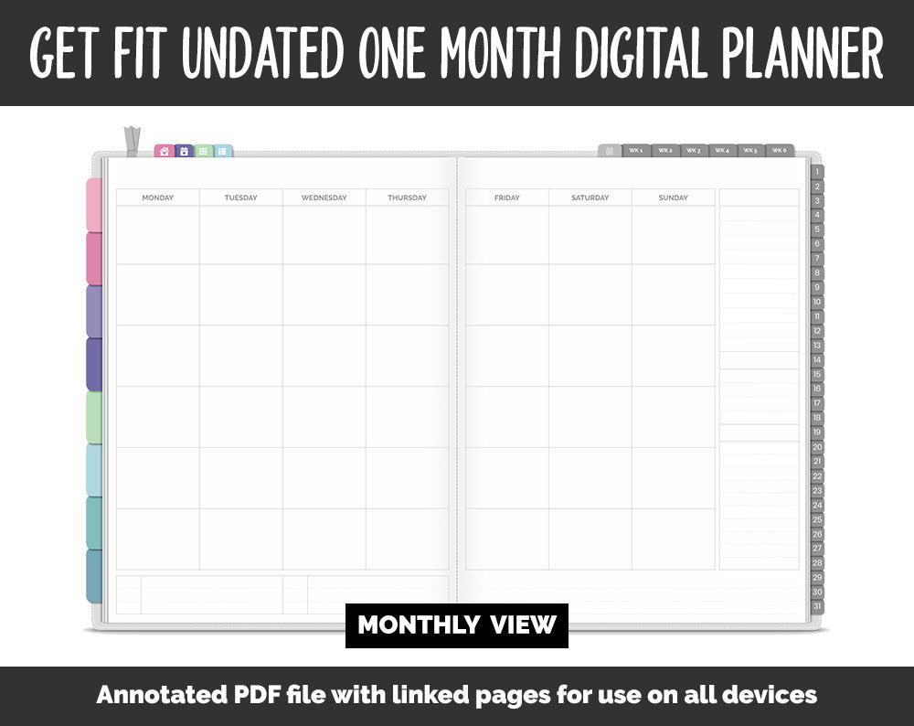Undated Get Fit One Month Digital Planner | Borealis Theme | GoodNotes, iPad & Android | Fitness, Self-Care, Health, Workout
