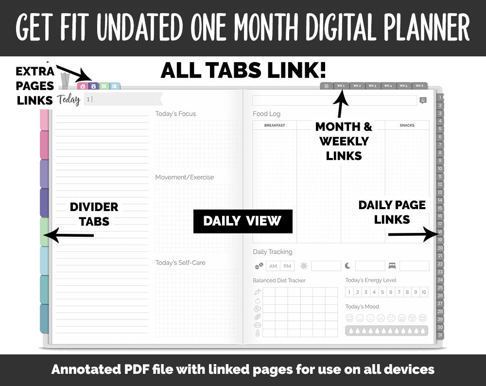 Undated Get Fit One Month Digital Planner | Borealis Theme | GoodNotes, iPad & Android | Fitness, Self-Care, Health, Workout