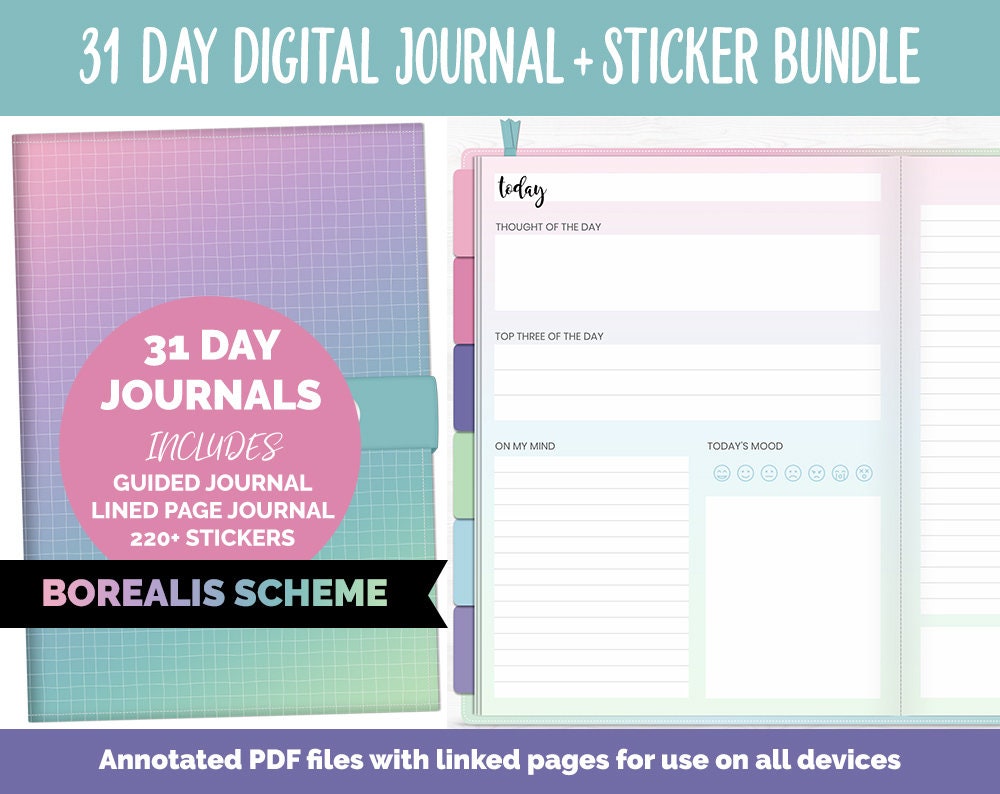 31 Day Digital Journal + Sticker Bundle | Borealis Theme