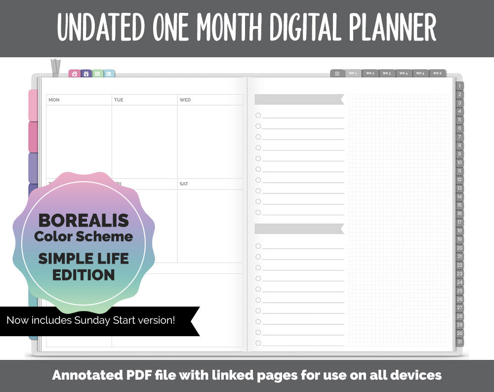 Undated One Month Digital Planner | Borealis Theme - Simple Life Weekly | GoodNotes, iPad & Android