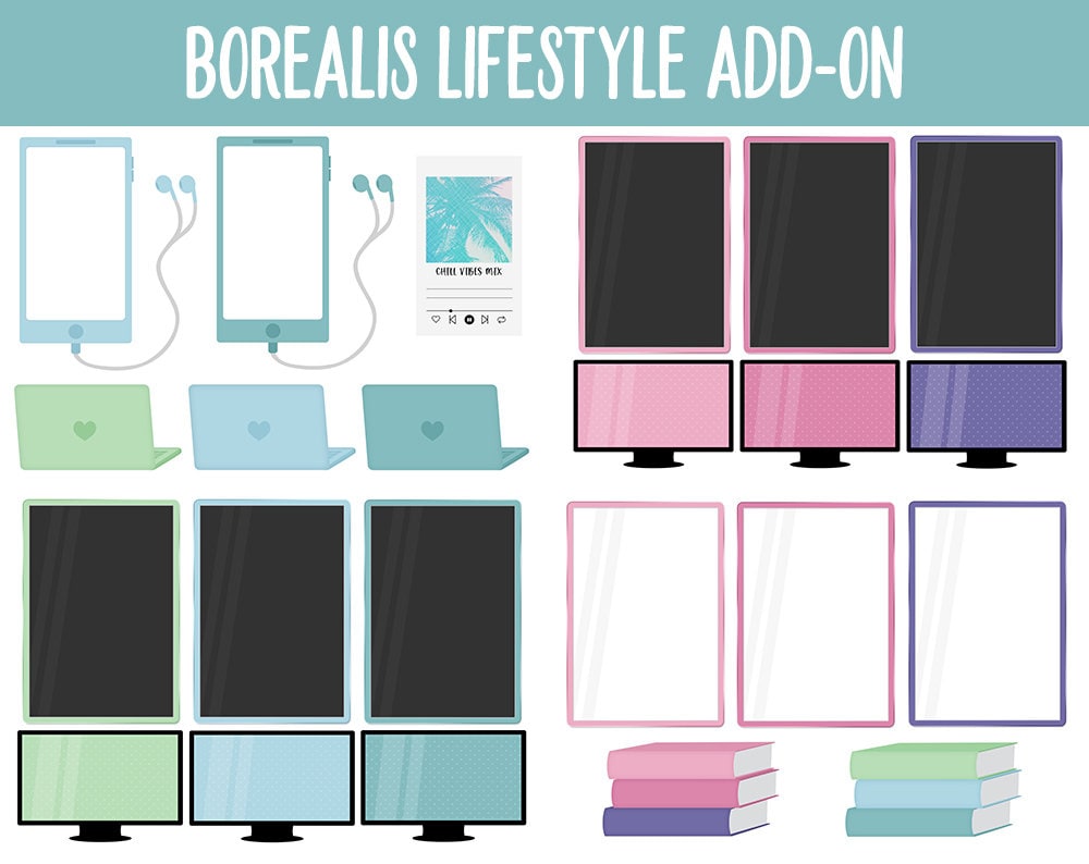 Borealis Lifestyle Add-On Digital Stickers | GoodNotes & iPad | TV, Playlist, Travel, Reading, Work, Groceries