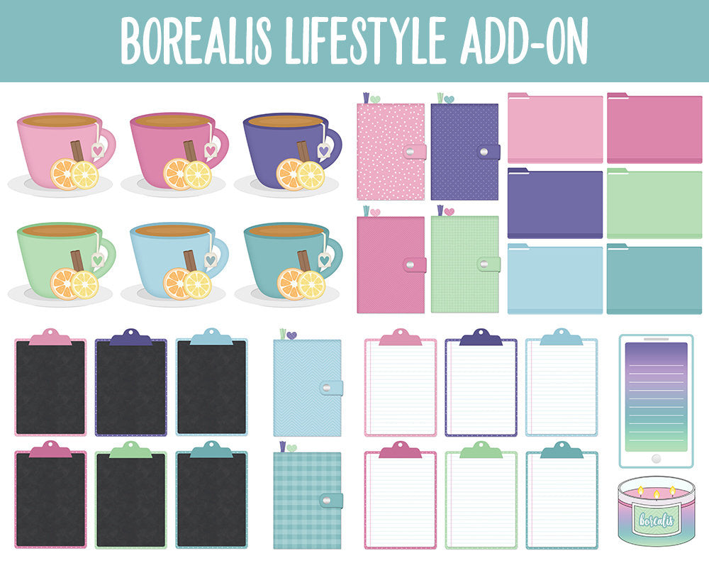 Borealis Lifestyle Add-On Digital Stickers | GoodNotes & iPad | TV, Playlist, Travel, Reading, Work, Groceries