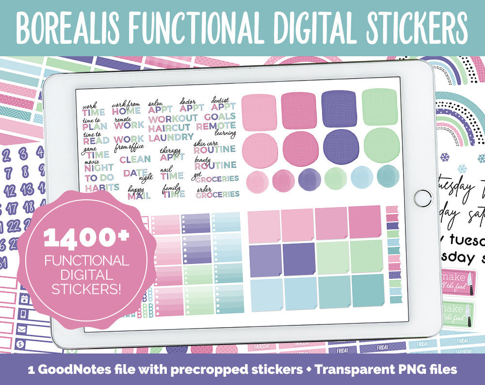 Borealis Functional Digital Sticker Set | GoodNotes, iPad & Android | Papers, Sticky Notes, Chores, Work, Adulting, Tasks, Dates