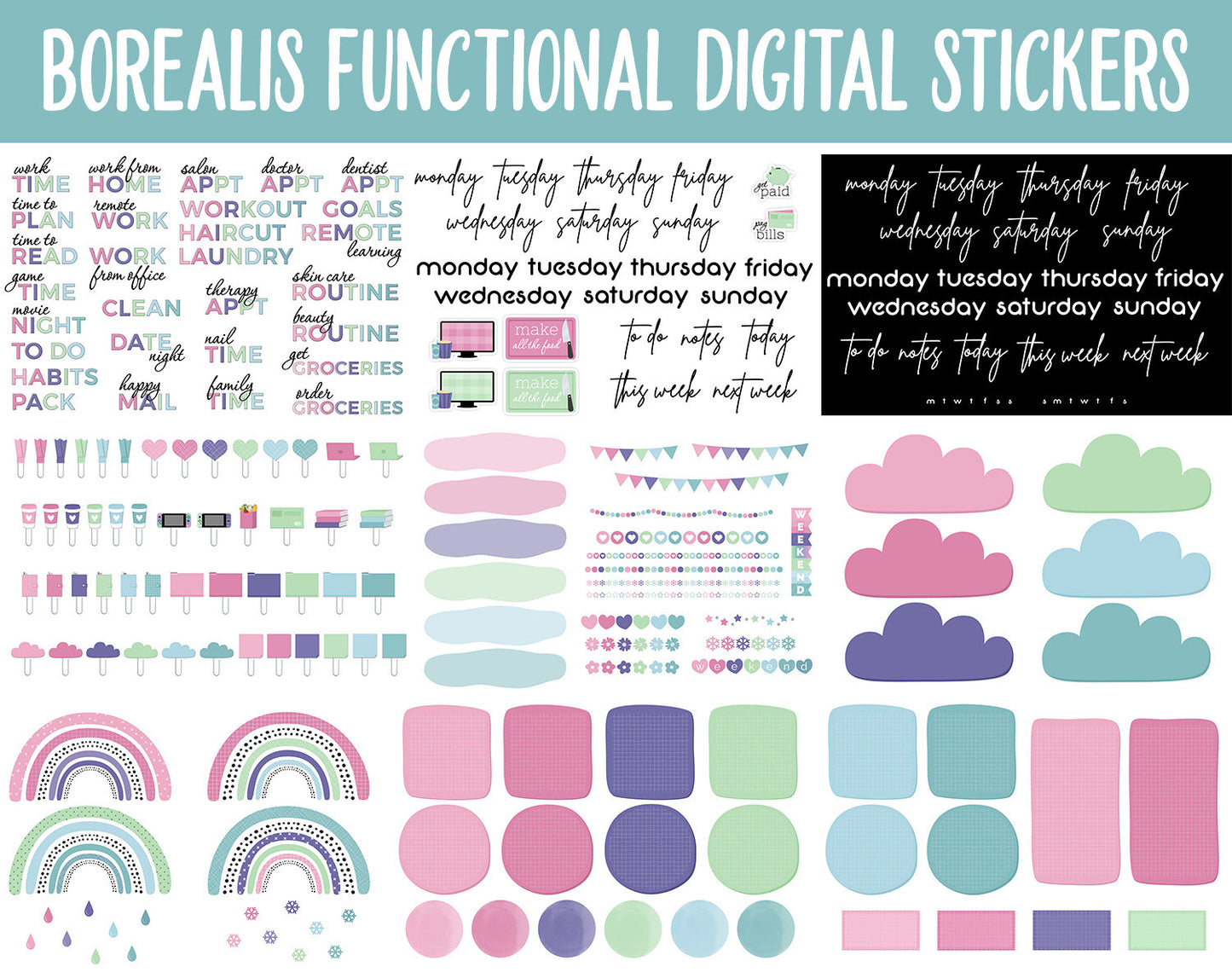 Borealis Functional Digital Sticker Set | GoodNotes, iPad & Android | Papers, Sticky Notes, Chores, Work, Adulting, Tasks, Dates