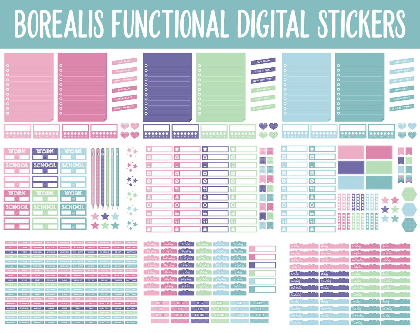 Borealis Functional Digital Sticker Set | GoodNotes, iPad & Android | Papers, Sticky Notes, Chores, Work, Adulting, Tasks, Dates