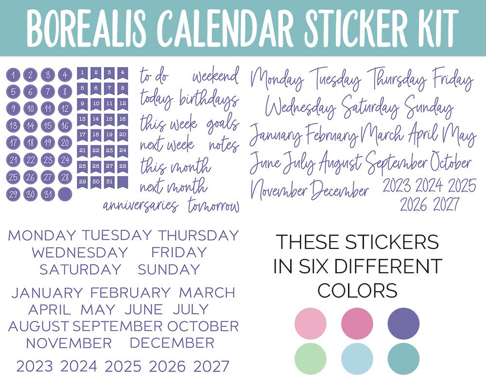 Borealis Calendar Essentials Digital Planner Stickers | GoodNotes, iPad and Android | Dates, Days of the Week, Months