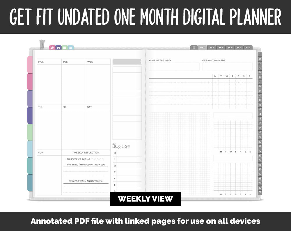 Undated Get Fit One Month Digital Planner | Borealis Theme | GoodNotes, iPad & Android | Fitness, Self-Care, Health, Workout