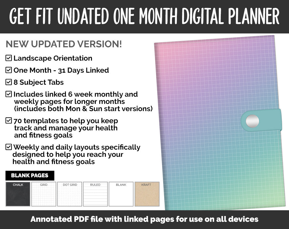 Undated Get Fit One Month Digital Planner | Borealis Theme | GoodNotes, iPad & Android | Fitness, Self-Care, Health, Workout