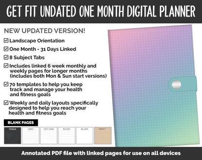 Undated Get Fit One Month Digital Planner | Borealis Theme | GoodNotes, iPad & Android | Fitness, Self-Care, Health, Workout