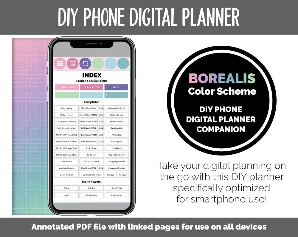 DIY Phone Digital Planner | Borealis Theme | Goodnotes, iPad & Android | Hobonichi, Planner, Notebook