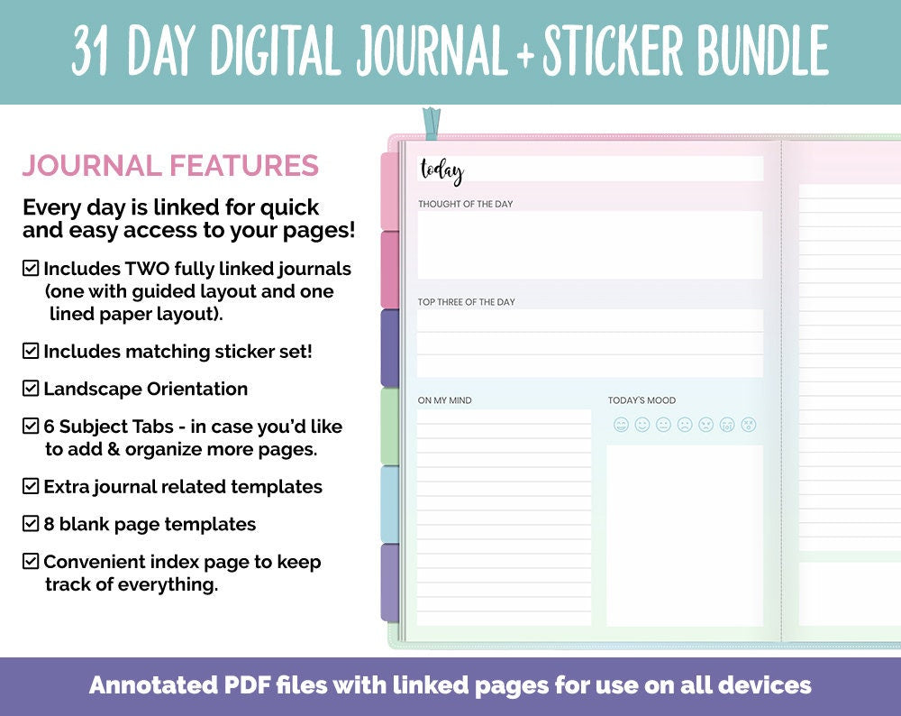 31 Day Digital Journal + Sticker Bundle | Borealis Theme