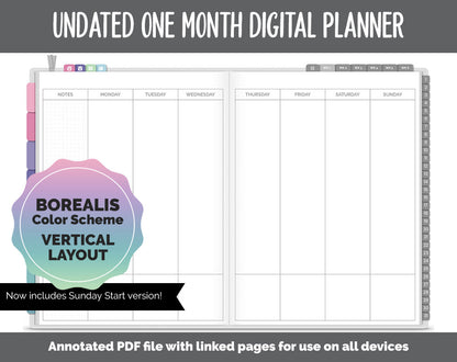 Undated One Month Digital Planner | Borealis Theme - Vertical Weekly | GoodNotes, iPad & Android