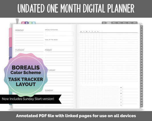 Undated One Month Digital Planner | Borealis Theme - Task Tracker Weekly | GoodNotes, iPad & Android
