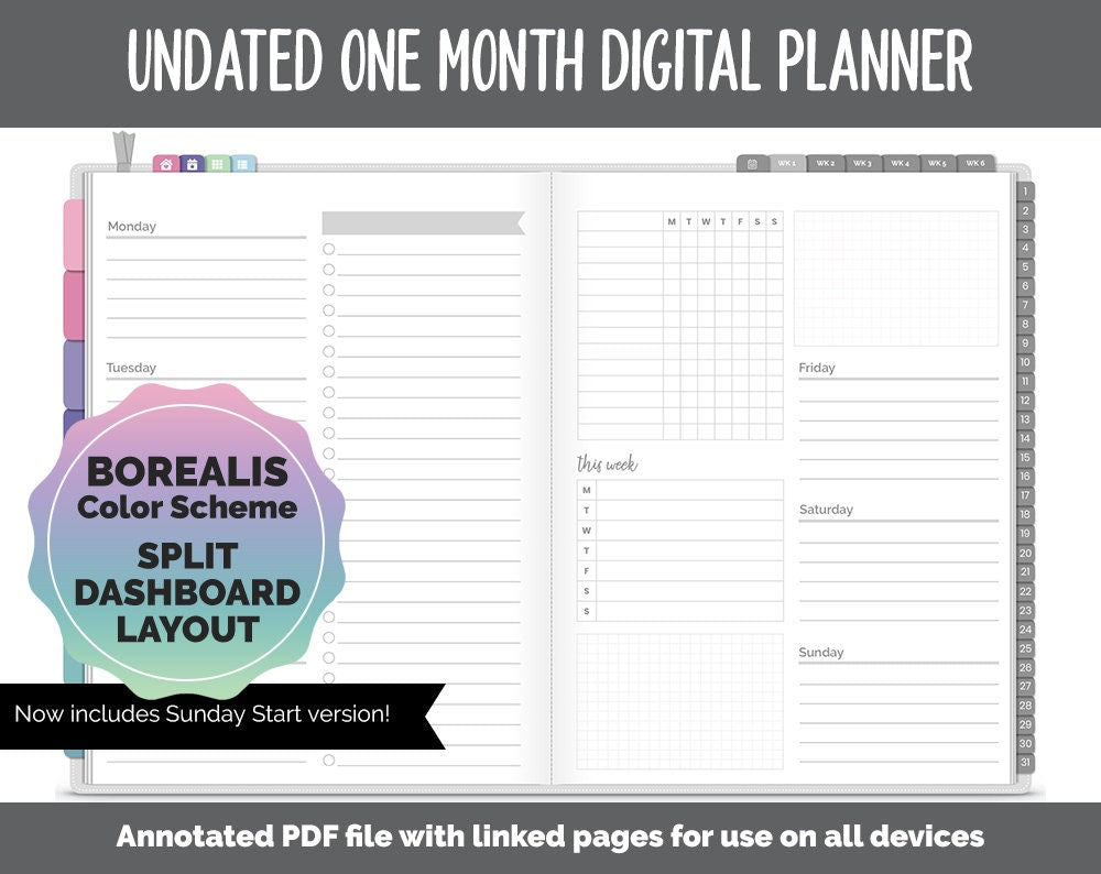 Undated One Month Digital Planner | Borealis Theme - Split Dashboard Weekly | GoodNotes, iPad & Android