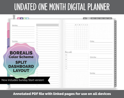 Undated One Month Digital Planner | Borealis Theme - Split Dashboard Weekly | GoodNotes, iPad & Android