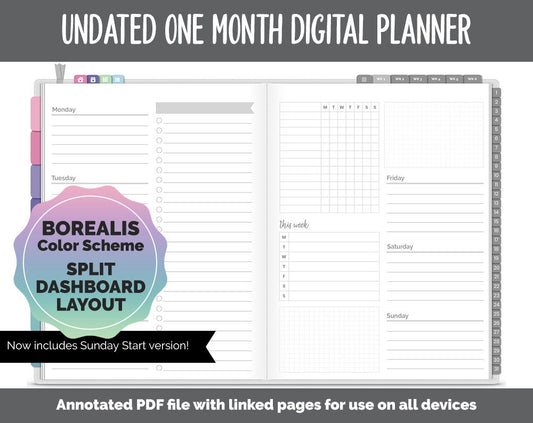 Undated One Month Digital Planner | Borealis Theme - Split Dashboard Weekly | GoodNotes, iPad & Android
