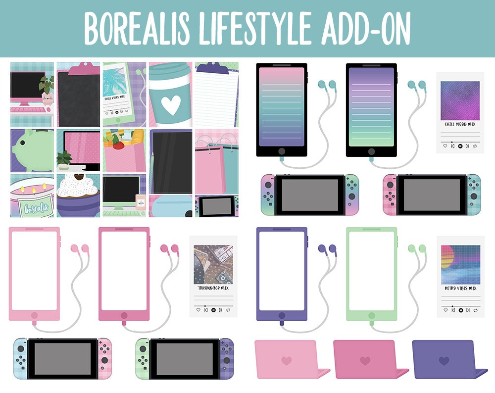 Borealis Lifestyle Add-On Digital Stickers | GoodNotes & iPad | TV, Playlist, Travel, Reading, Work, Groceries