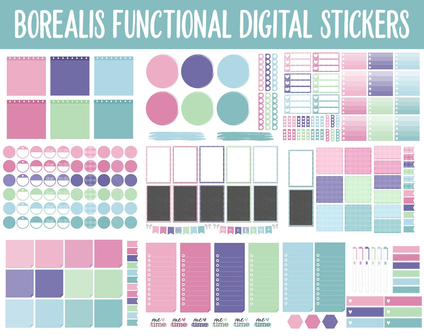 Borealis Functional Digital Sticker Set | GoodNotes, iPad & Android | Papers, Sticky Notes, Chores, Work, Adulting, Tasks, Dates