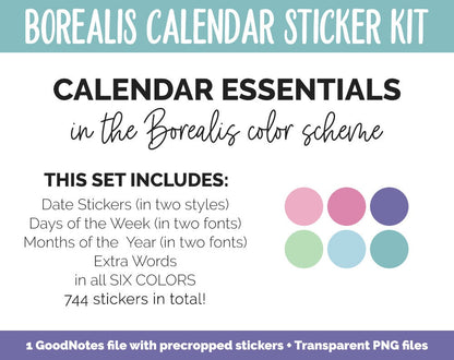 Borealis Calendar Essentials Digital Planner Stickers | GoodNotes, iPad and Android | Dates, Days of the Week, Months