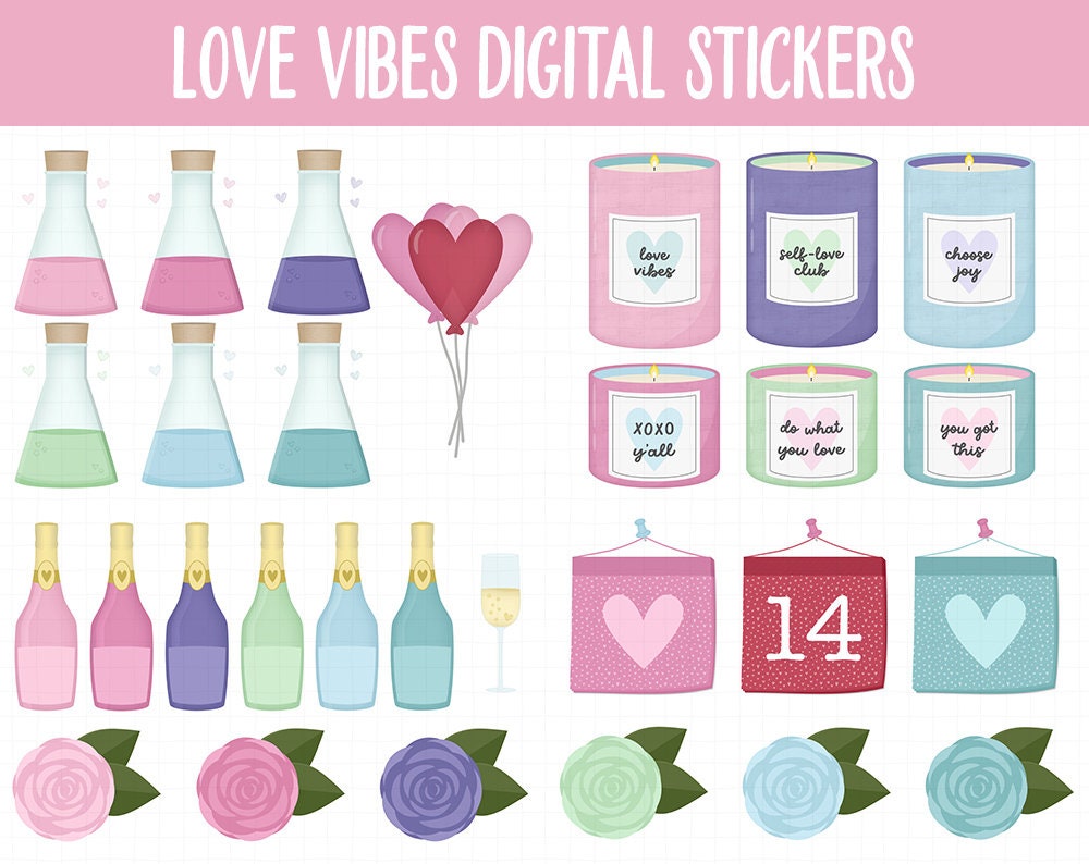 Love Vibes Digital Planner Stickers | GoodNotes, iPad and Android | Borealis Theme | Anniversary, Valentine, Wedding, Romance