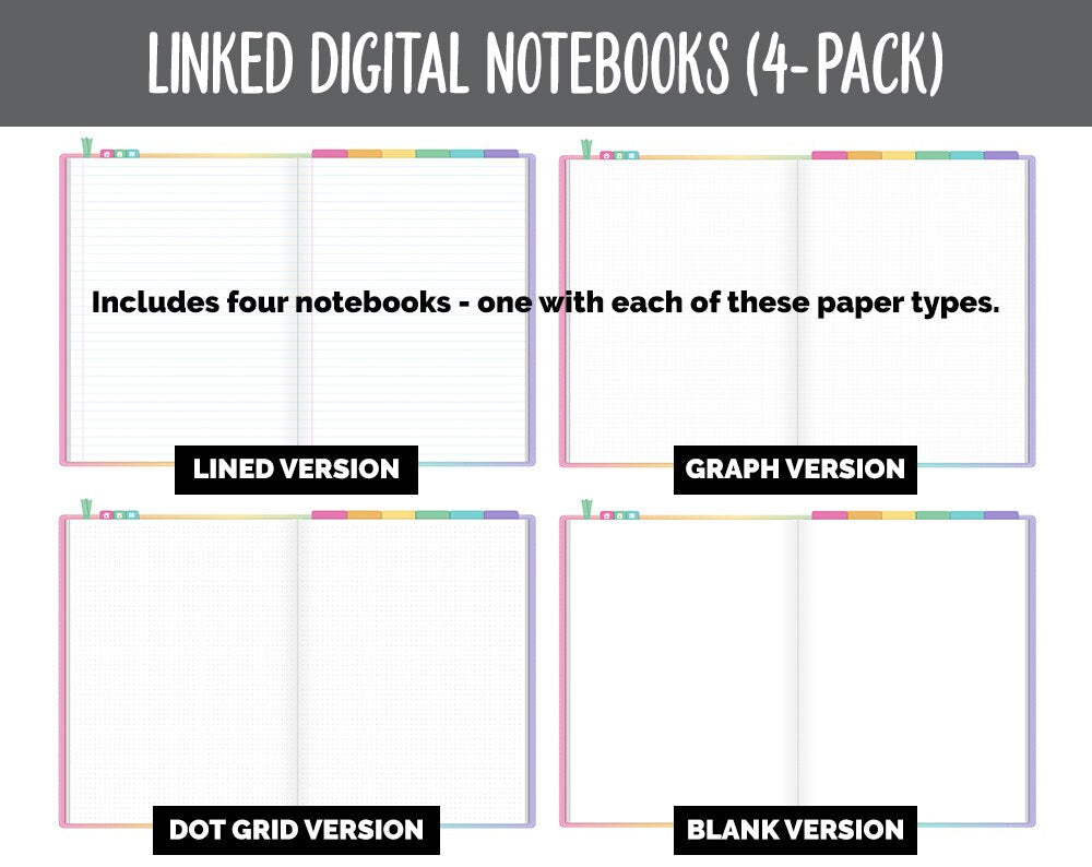 Linked Digital Notebooks 4- Pack | Rainbow Theme | GoodNotes, iPad & Android