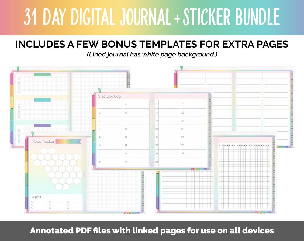 31 Day Digital Journal + Sticker Bundle | Rainbow Theme