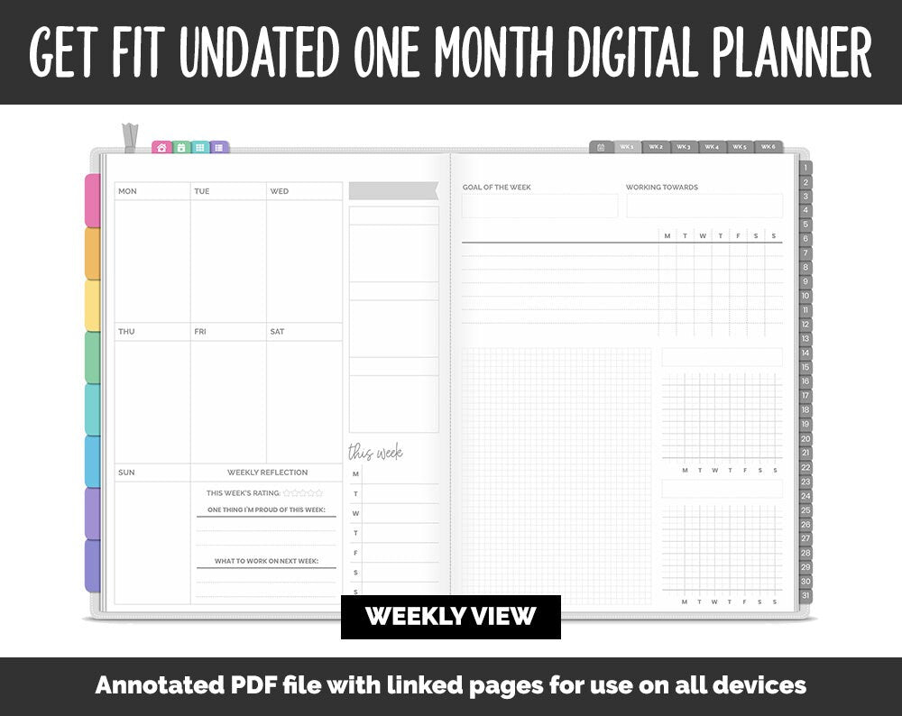 Undated Get Fit One Month Digital Planner | Rainbow Theme | GoodNotes, iPad & Android | Fitness, Self-Care, Health, Workout