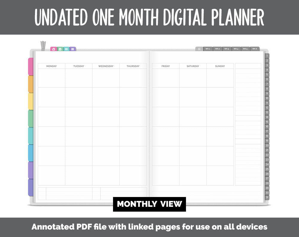 Undated One Month Digital Planner | Rainbow Theme - Split Dashboard Weekly | GoodNotes, iPad & Android
