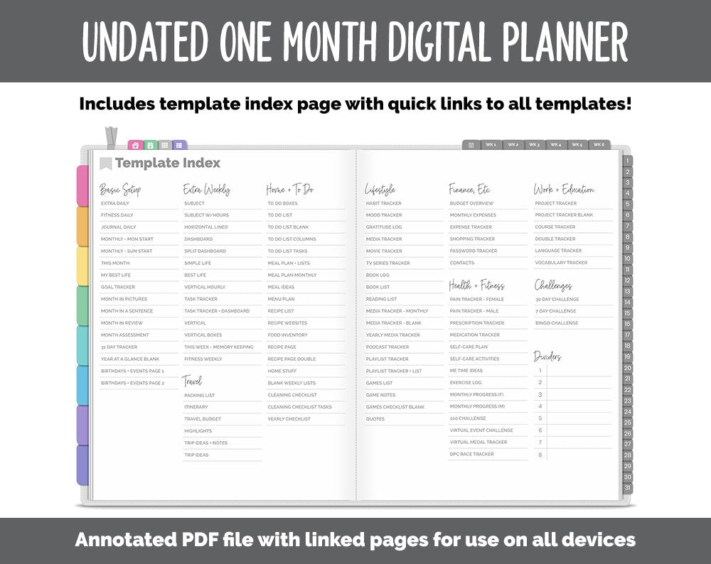 Undated One Month Digital Planner | Rainbow Theme - Simple Life Weekly | GoodNotes, iPad & Android