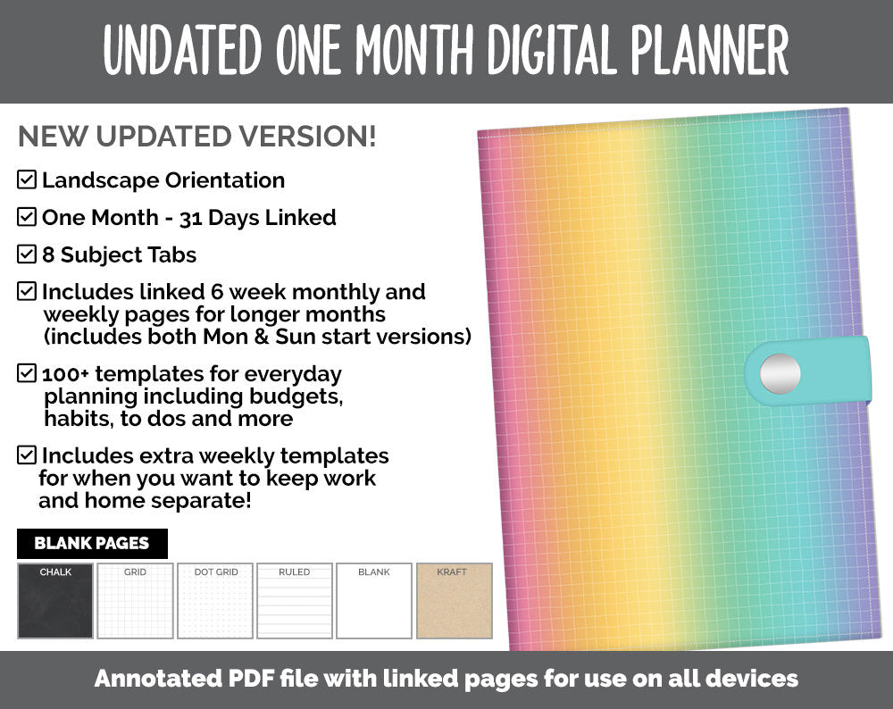 Undated One Month Digital Planner | Rainbow Theme - Task Tracker Weekly | GoodNotes, iPad & Android