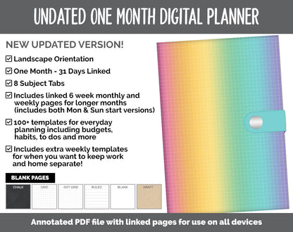 Undated One Month Digital Planner | Rainbow Theme - Vertical Weekly | GoodNotes, iPad & Android