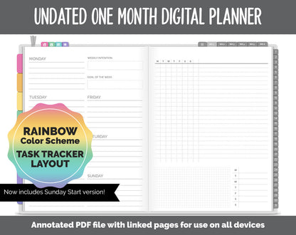 Undated One Month Digital Planner | Rainbow Theme - Task Tracker Weekly | GoodNotes, iPad & Android