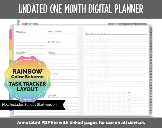 Undated One Month Digital Planner | Rainbow Theme - Task Tracker Weekly | GoodNotes, iPad & Android