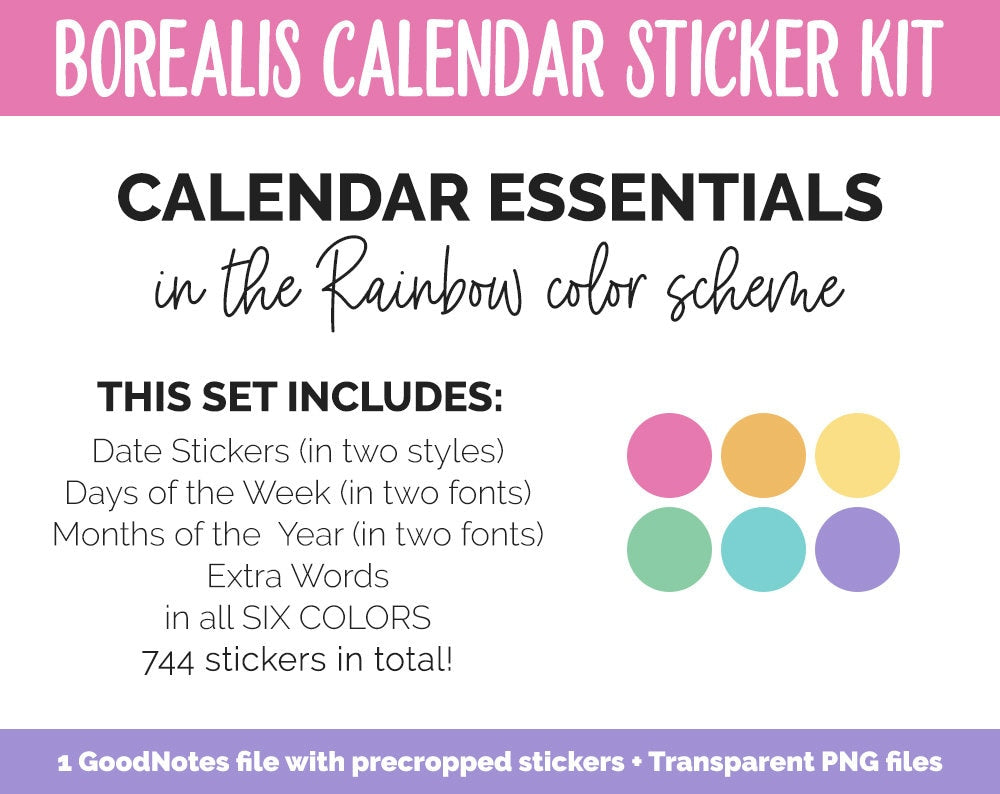 Rainbow Calendar Essentials Digital Planner Stickers | GoodNotes, iPad and Android | Dates, Days of the Week, Months