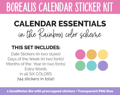 Rainbow Calendar Essentials Digital Planner Stickers | GoodNotes, iPad and Android | Dates, Days of the Week, Months