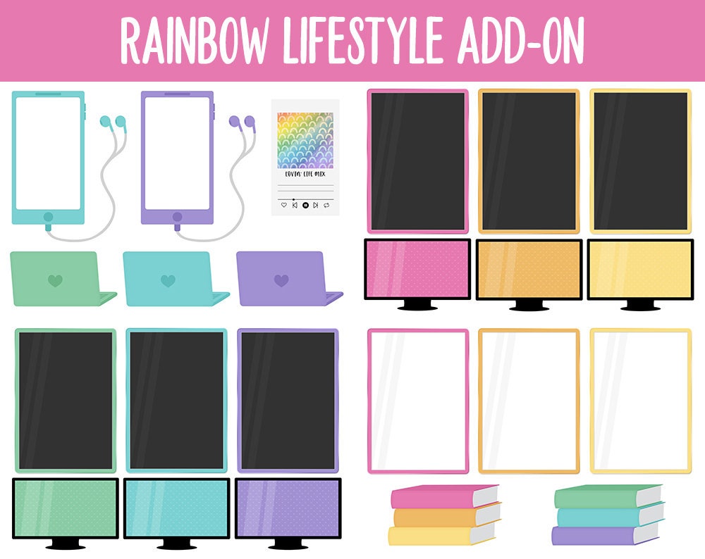 Rainbow Lifestyle Add-On Digital Stickers | GoodNotes & iPad | TV, Playlist, Travel, Reading, Work, Groceries