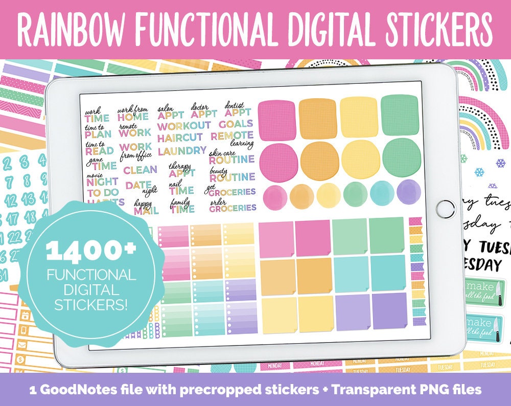 Rainbow Functional Digital Sticker Set | GoodNotes, iPad & Android | Papers, Sticky Notes, Chores, Work, Adulting, Tasks, Dates