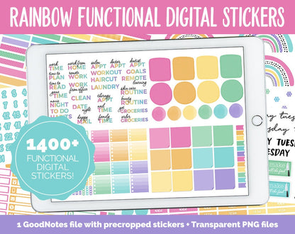 Rainbow Functional Digital Sticker Set | GoodNotes, iPad & Android | Papers, Sticky Notes, Chores, Work, Adulting, Tasks, Dates