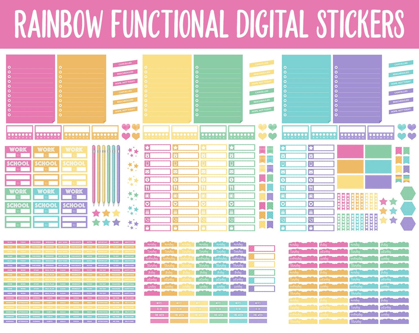 Rainbow Functional Digital Sticker Set | GoodNotes, iPad & Android | Papers, Sticky Notes, Chores, Work, Adulting, Tasks, Dates