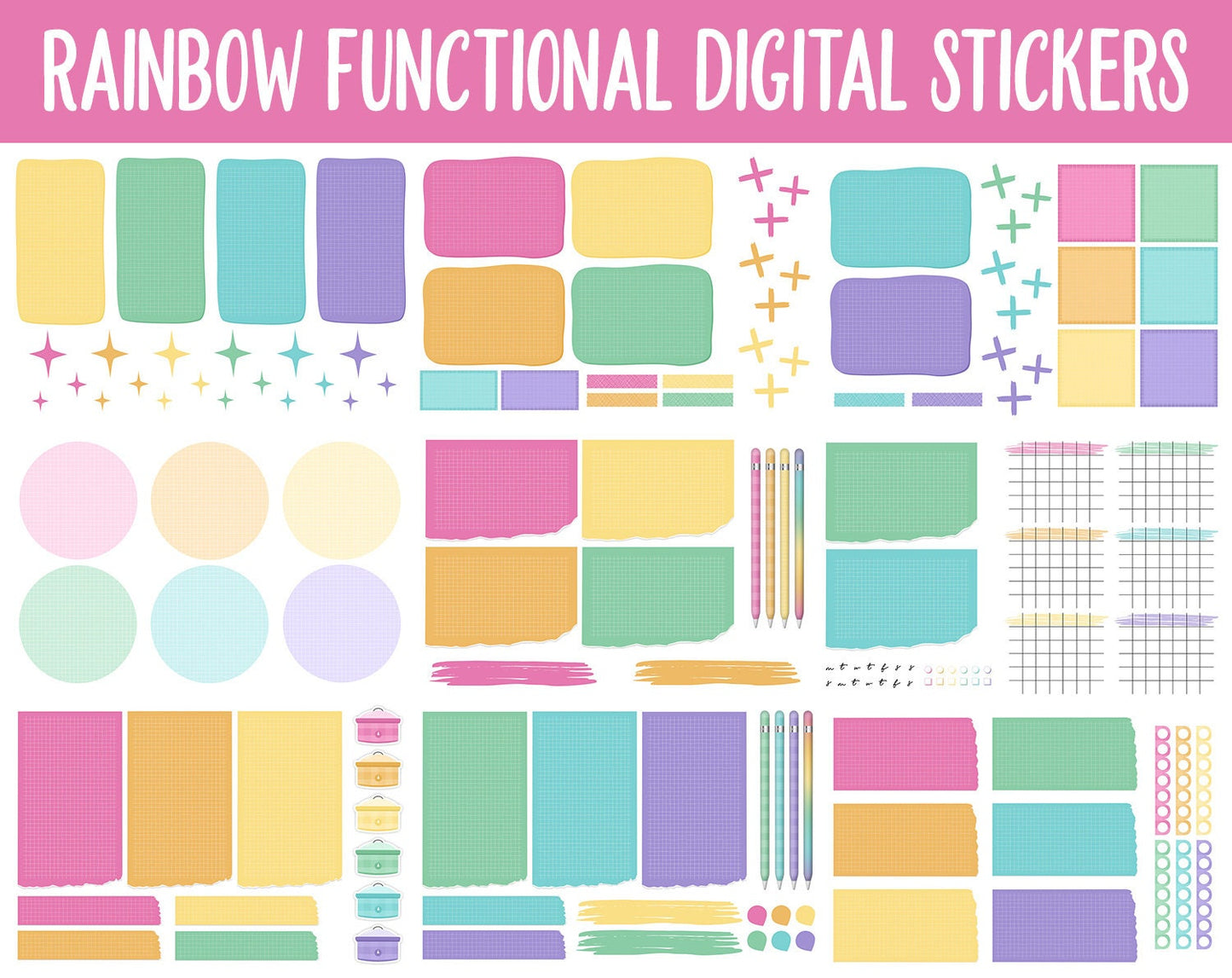 Rainbow Functional Digital Sticker Set | GoodNotes, iPad & Android | Papers, Sticky Notes, Chores, Work, Adulting, Tasks, Dates