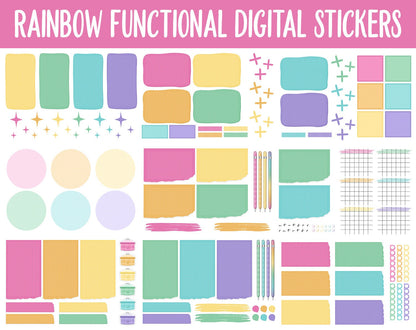 Rainbow Functional Digital Sticker Set | GoodNotes, iPad & Android | Papers, Sticky Notes, Chores, Work, Adulting, Tasks, Dates