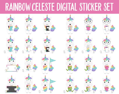 Rainbow Celeste Digital Planner Stickers | GoodNotes, iPad and Android | Rainbow Theme | Unicorn, Moods, Kawaii, Activites, Chores