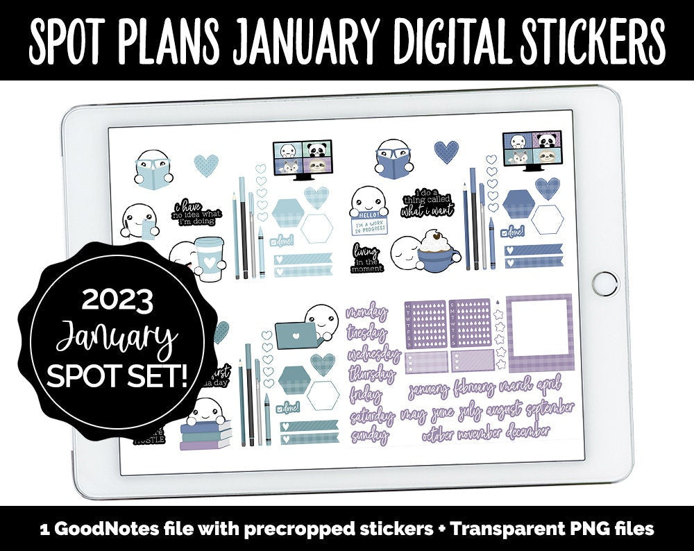 Spot Plans January Digital Stickers | GoodNotes, iPad and Android | Aurora | Sassy, Goals, Adulting, Planning, Funny, New Year
