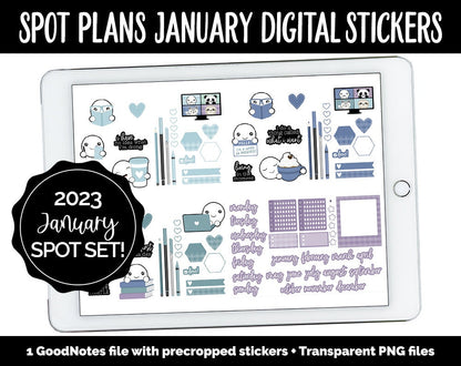 Spot Plans January Digital Stickers | GoodNotes, iPad and Android | Aurora | Sassy, Goals, Adulting, Planning, Funny, New Year