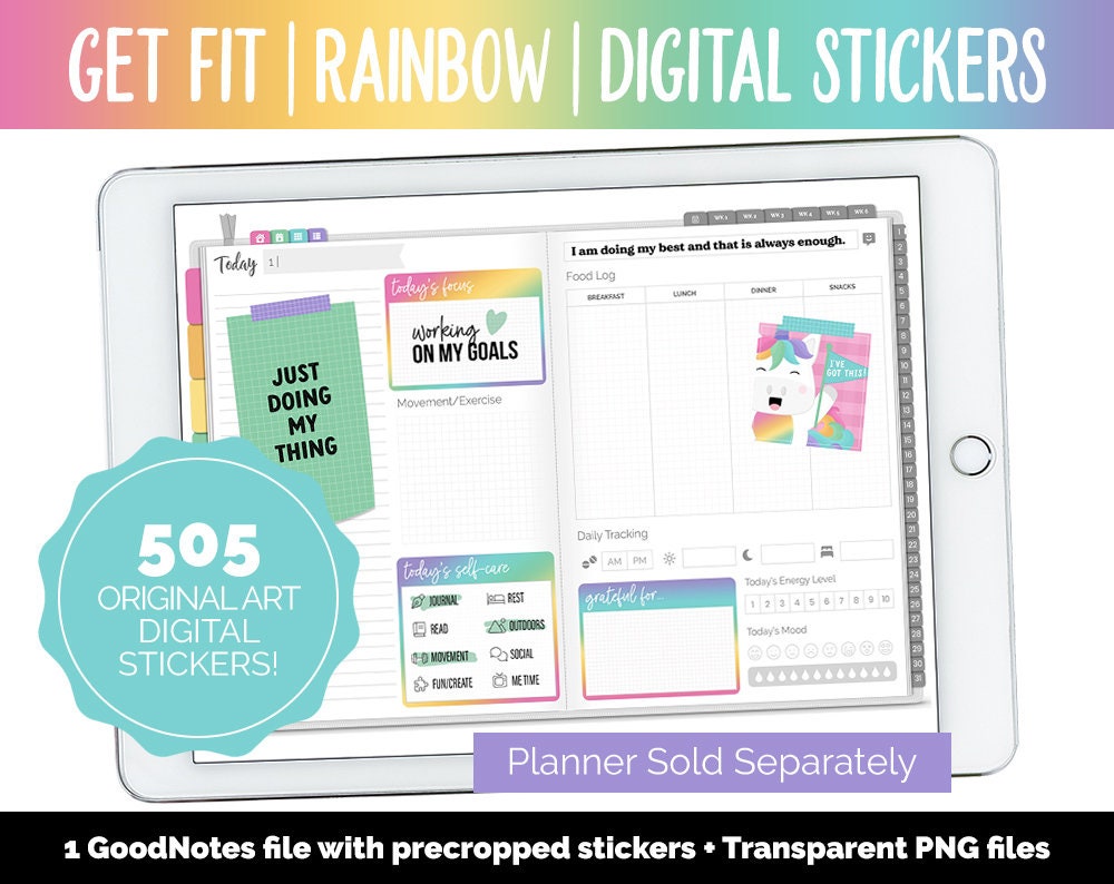 Get Fit Rainbow Digital Stickers | GoodNotes & iPad | Fitness, Health, Self-Care, Workout, Celeste, Unicorn
