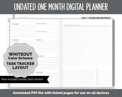 Undated One Month Digital Planner | Whiteout Theme - Task Tracker Weekly | GoodNotes, iPad & Android